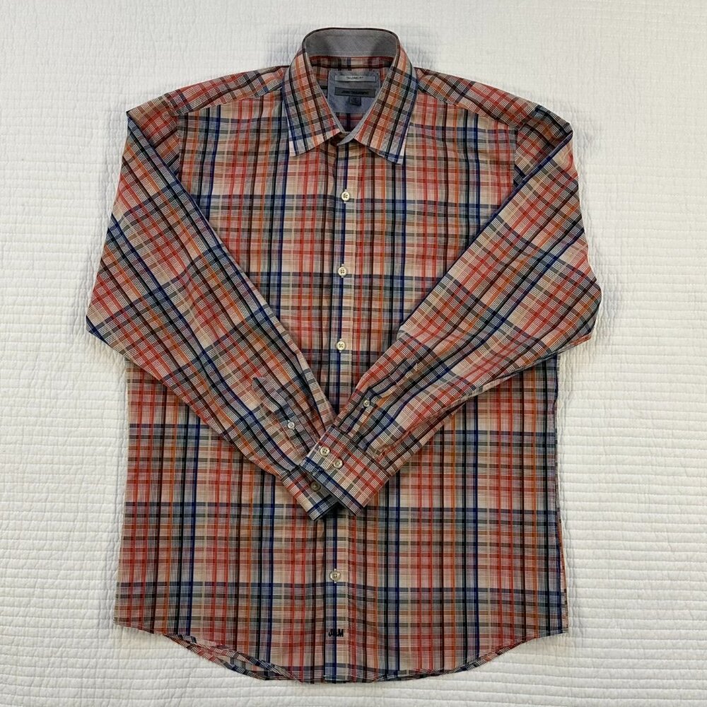 Johnston & Murphy Tailored Fit Button Down Shirt Blue Orange Plaid Men's M